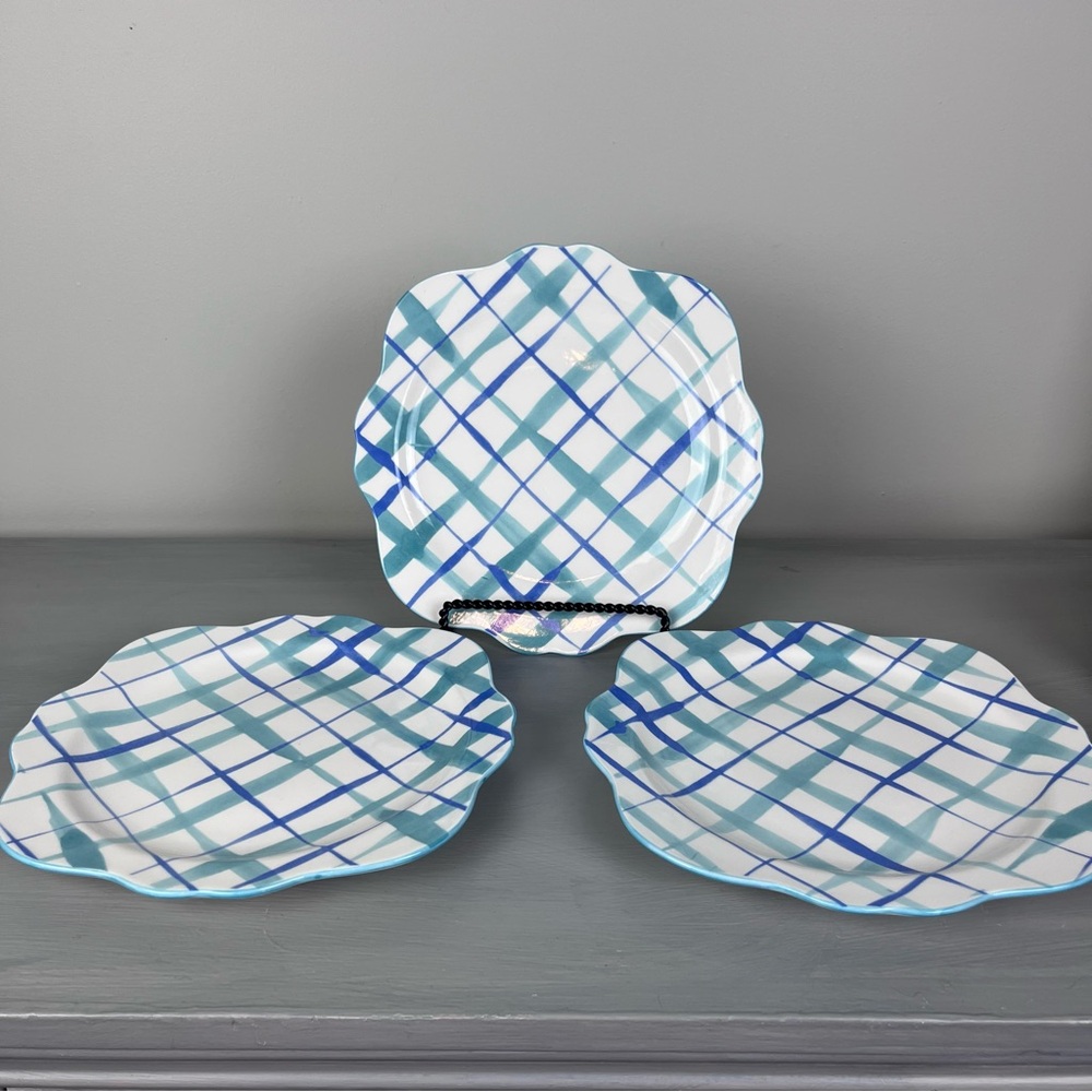 3 Bonjour ANTHROPOLOGIE HILDE Plaid White Blue Scallop Dinner Plate Cottagecore